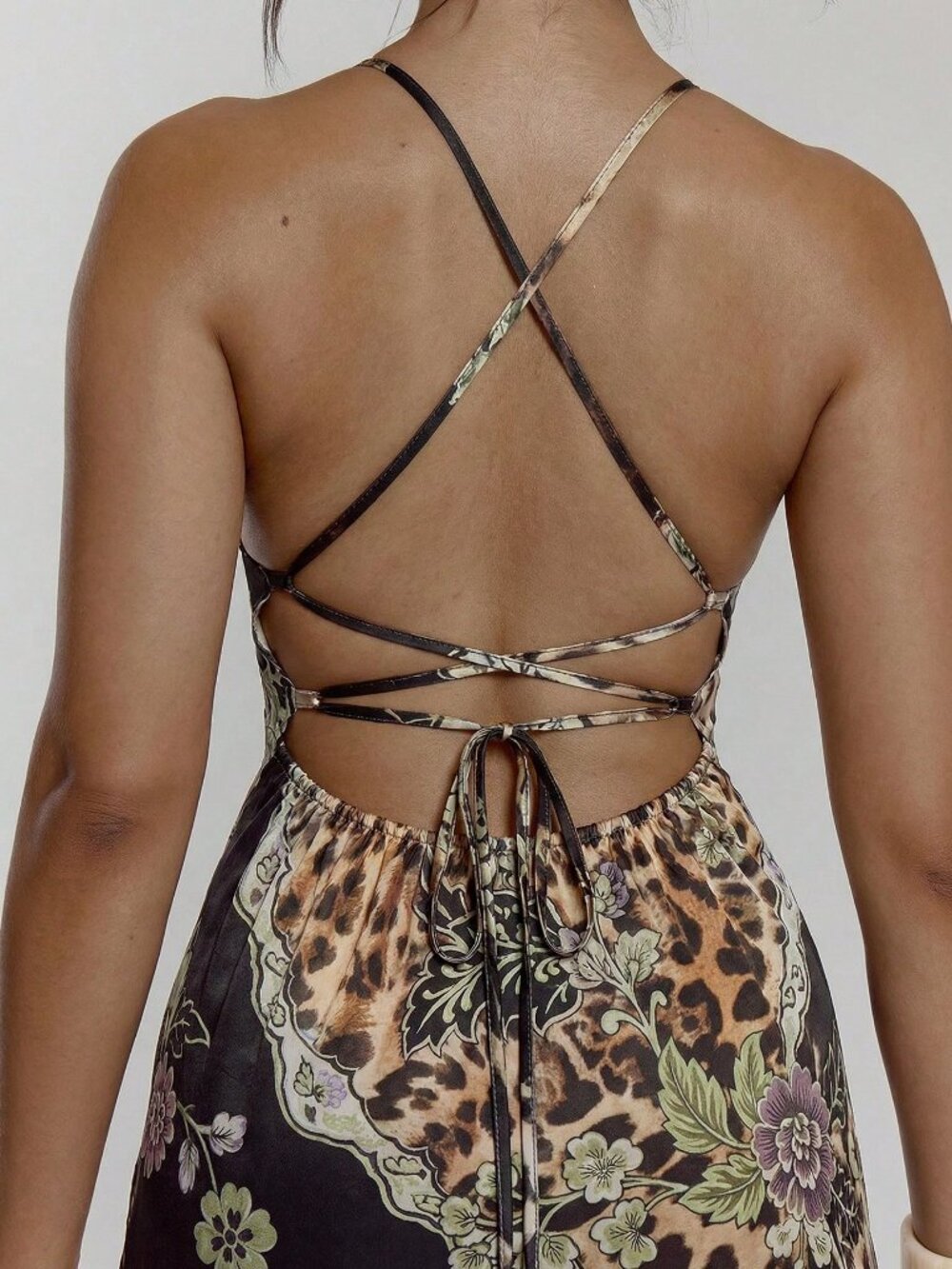 multicolor Lace-Up Women's Fitted Animal Print Maxi Dress - Picture 3 of 5